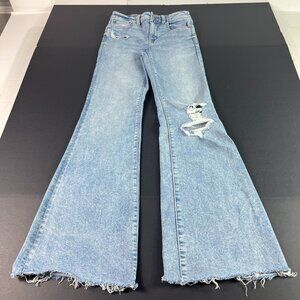 American Eagle Jean Women 25x30* Super High Rise Flare Blue Stretch Denim Tag 2R